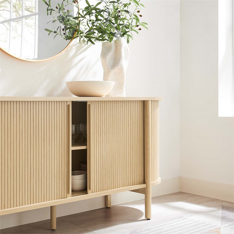Pemberly Row Modern Wood Sideboard with Open Shelving in Oak
