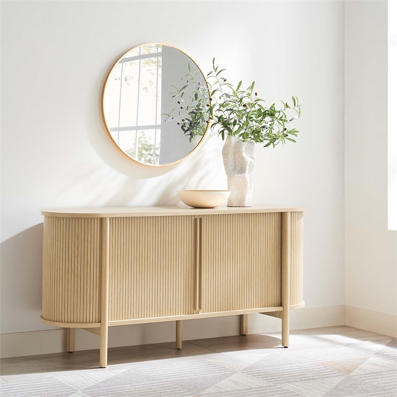 Pemberly Row Modern Wood Sideboard with Open Shelving in Oak