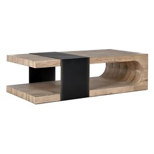 Pemberly Row 62&quot Natural Oak Wood Coffee Table with Black Iron Accent