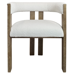 Pemberly Row Wood Dining Arm Chair w/ Ivory Boucle Fabric and Down-Filled Seat