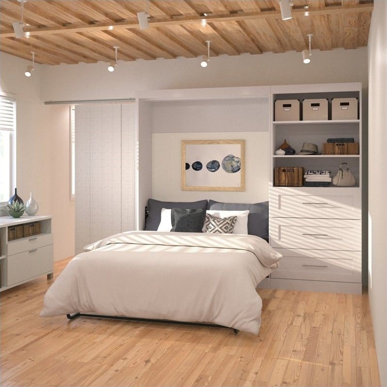 Pemberly Row Full Murphy Bed and Shelving Unit with Drawers (95W) in White