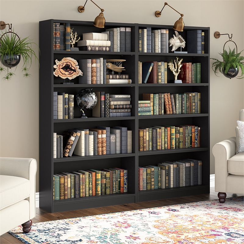 Pemberly Row Modern 5 Shelf Bookcase in Classic Black (Set of 2)