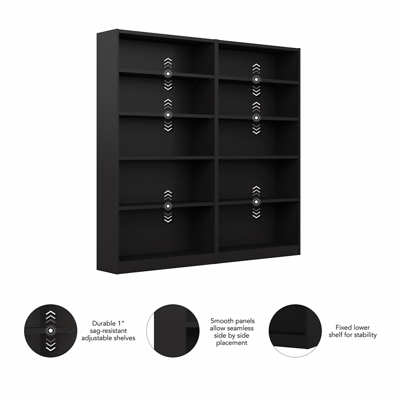 Pemberly Row Modern 5 Shelf Bookcase in Classic Black (Set of 2)
