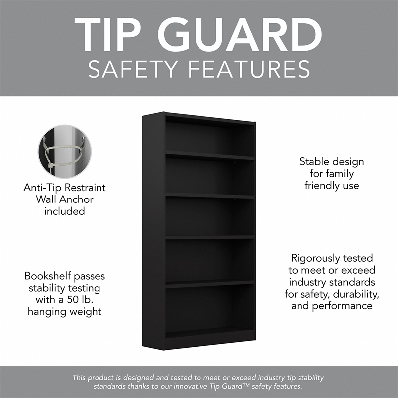 Pemberly Row Modern 5 Shelf Bookcase in Classic Black (Set of 2)