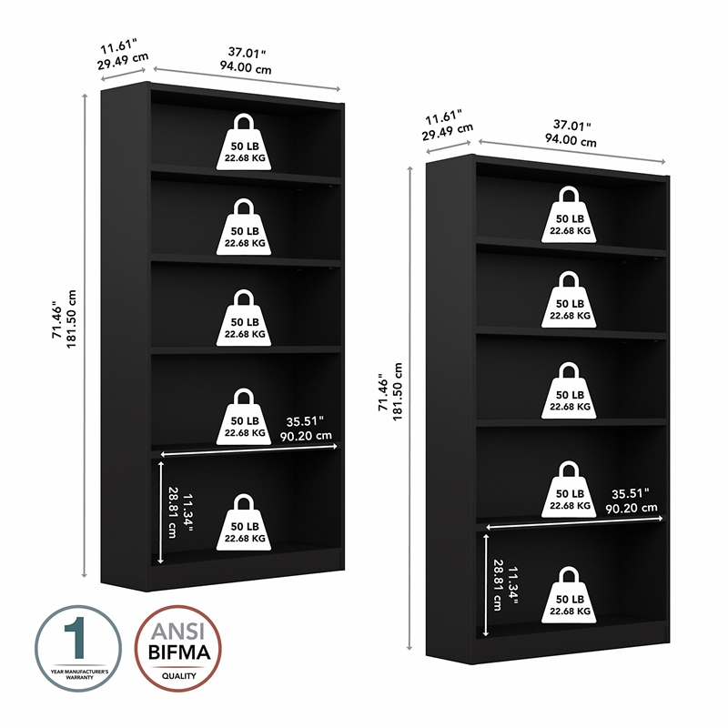 Pemberly Row Modern 5 Shelf Bookcase in Classic Black (Set of 2)