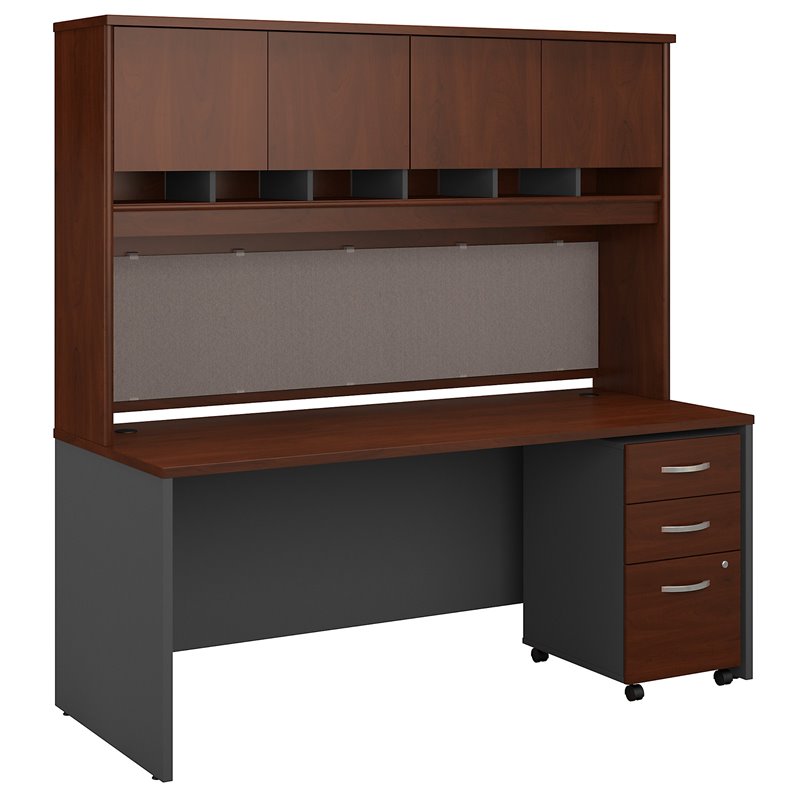 Pemberly Row 72W x 30D Desk with Hutch and Mobile File Cabinet in Hansen Cherry