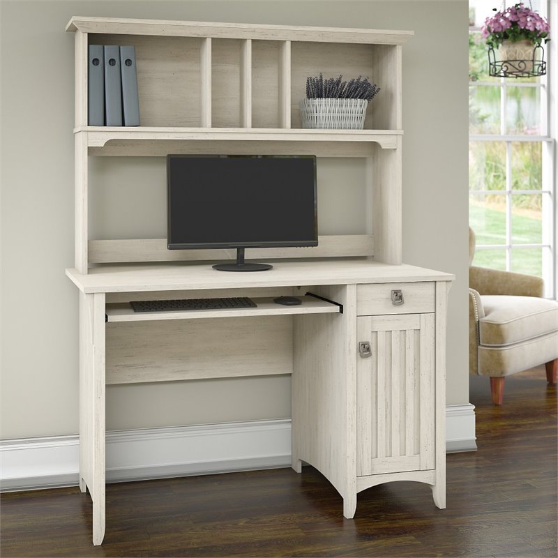 Pemberly Row Computer Desk with Hutch in Antique White - Engineered Wood
