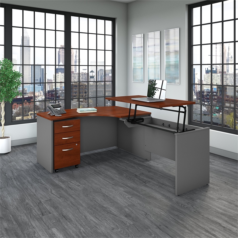 Pemberly Row 60W Right Sit to Stand L Shaped Desk Office Set in Hansen Cherry