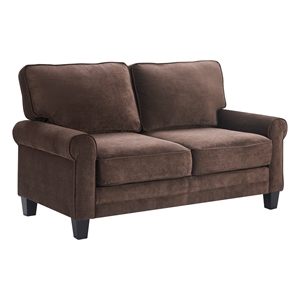 Pemberly Row 61&quot Round Arm Fabric Loveseat with Storage Dark Brown