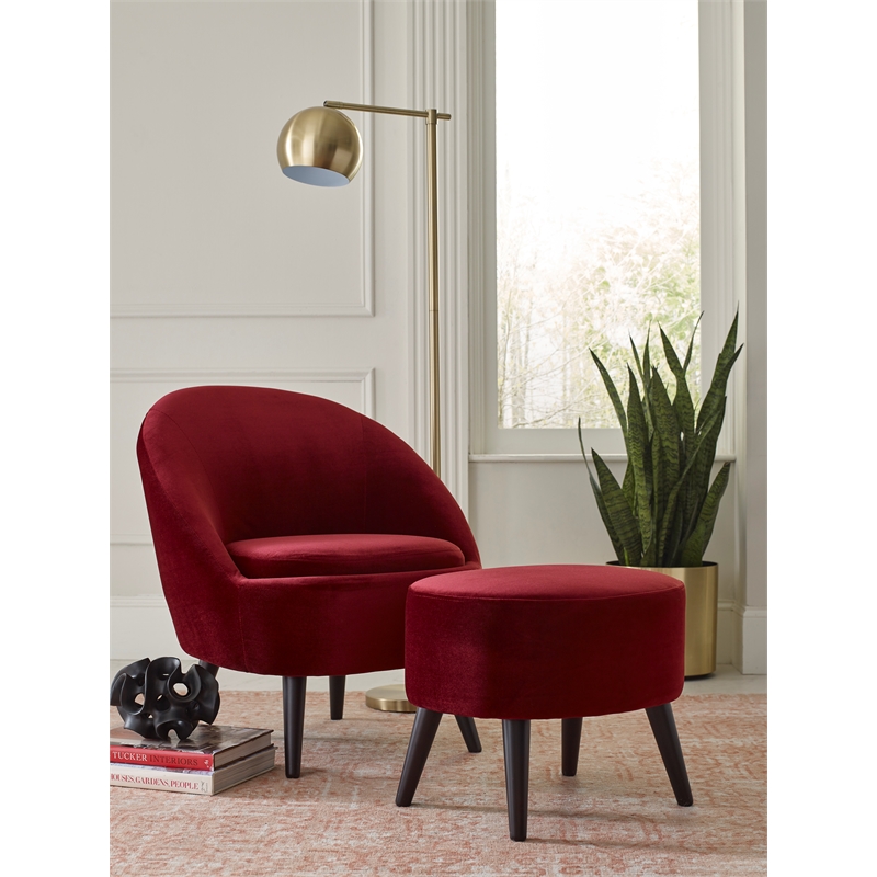 Pemberly Row Modern Velvet Accent Chair and Ottoman Set Merlot Red