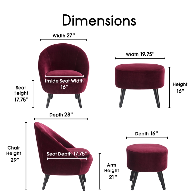 Pemberly Row Modern Velvet Accent Chair and Ottoman Set Merlot Red