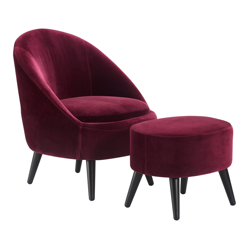 Pemberly Row Modern Velvet Accent Chair and Ottoman Set Merlot Red