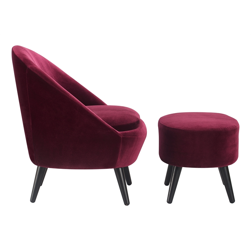 Pemberly Row Modern Velvet Accent Chair and Ottoman Set Merlot Red