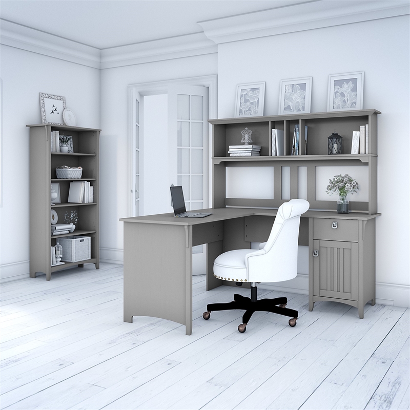 Pemberly Row 60W L Shaped Desk with Hutch and Bookcase in Cape Cod Gray