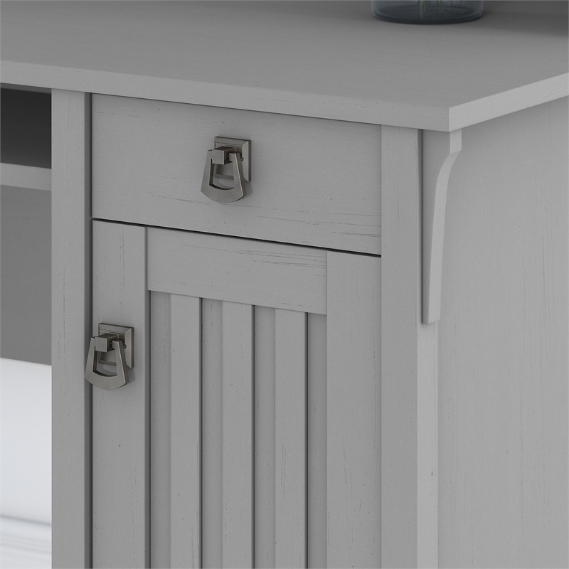 Pemberly Row 60W L Shaped Desk with Hutch and Bookcase in Cape Cod Gray