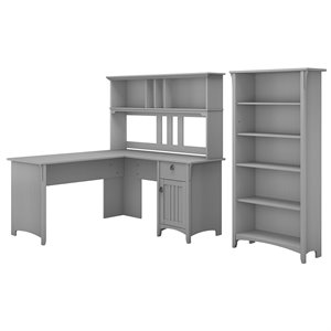 Pemberly Row 60W L Shaped Desk with Hutch and Bookcase in Cape Cod Gray