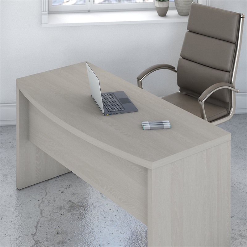 Pemberly Row 60W Bow Front Desk in Gray Sand - Engineered Wood