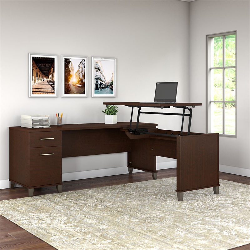 Pemberly Row 72W 3 Position Sit to Stand L Desk in Mocha Cherry