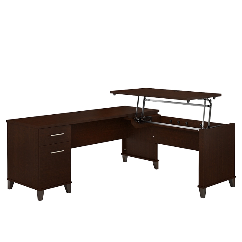 Pemberly Row 72W 3 Position Sit to Stand L Desk in Mocha Cherry