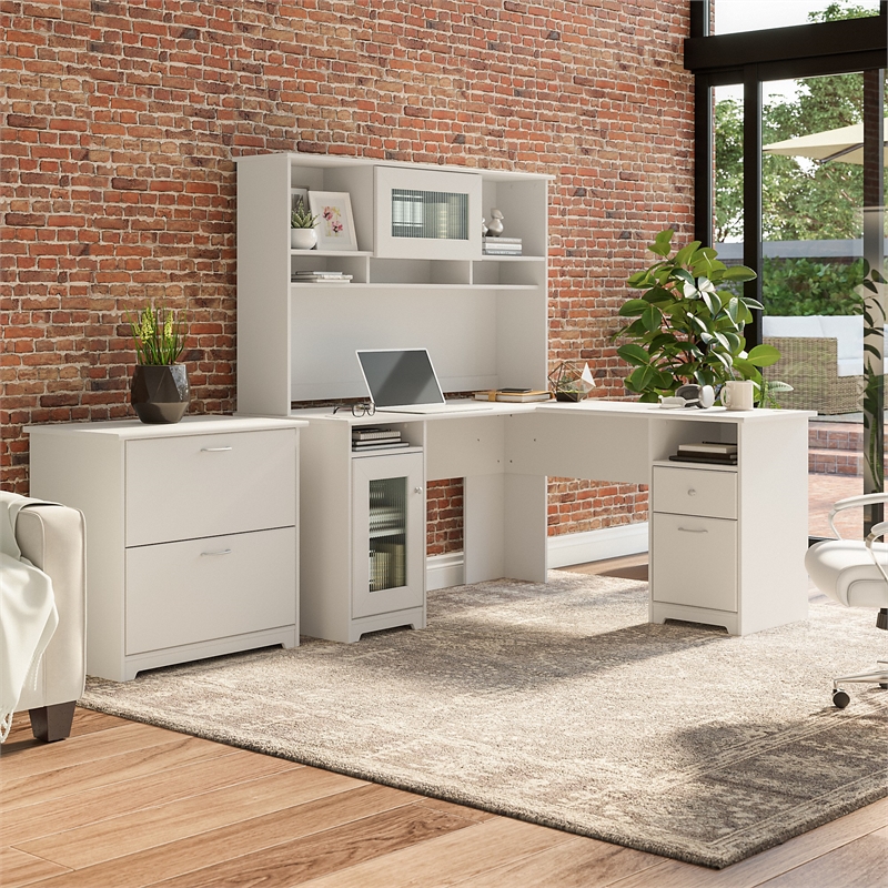 Pemberly Row Wood 60W L Desk w/ Hutch and Lateral File Cabinet - White