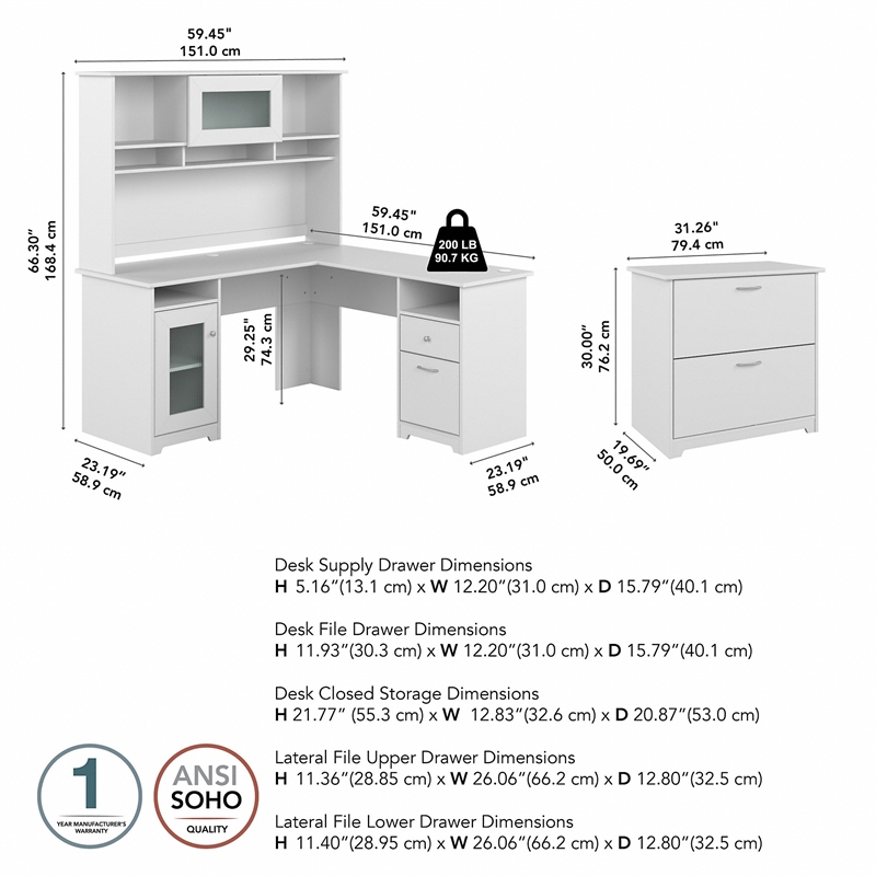 Pemberly Row Wood 60W L Desk w/ Hutch and Lateral File Cabinet - White