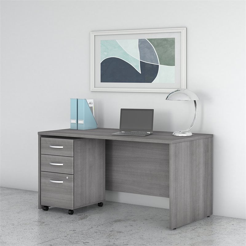 Pemberly Row Engineered Wood 60W x 30D Office Desk w/ Mobile File Cabinet - Gray
