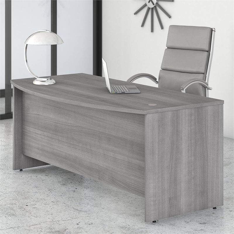 Pemberly Row 72W x 36D Bow Front Desk in Platinum Gray - Engineered Wood