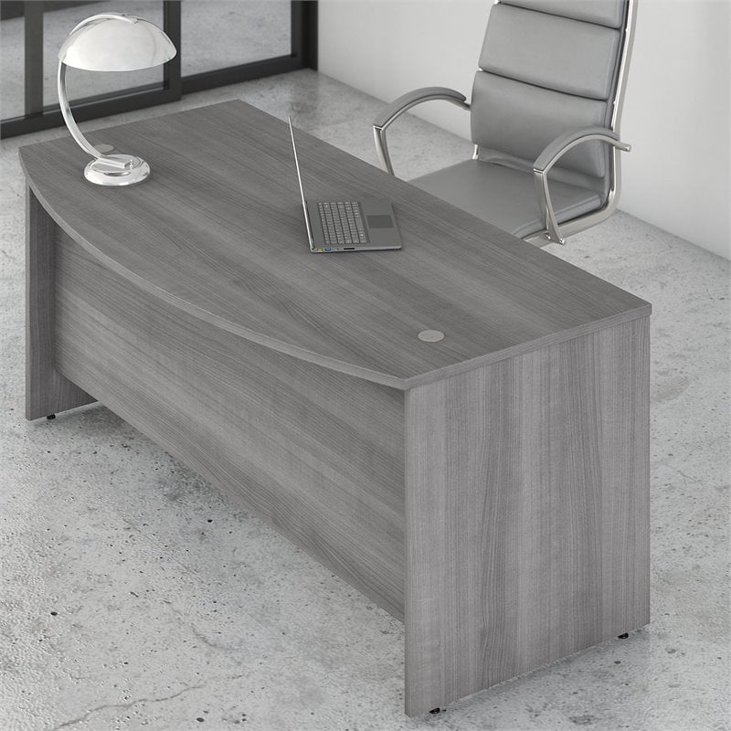 Pemberly Row 72W x 36D Bow Front Desk in Platinum Gray - Engineered Wood