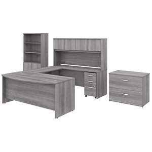 Pemberly Row Engineered Wood 72W x 36D U Shaped Desk w/ Storage and Hutch - Gray
