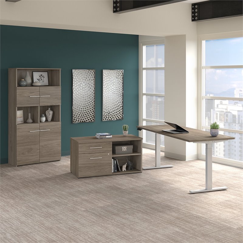 Pemberly Row 72W Adjustable Desk with Storage in Hickory - Engineered Wood