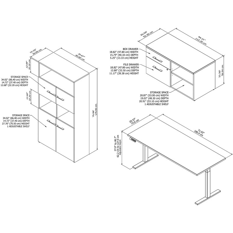 Pemberly Row 72W Adjustable Desk with Storage in Hickory - Engineered Wood