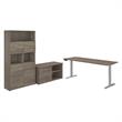 Pemberly Row 72W Adjustable Desk with Storage in Hickory - Engineered Wood