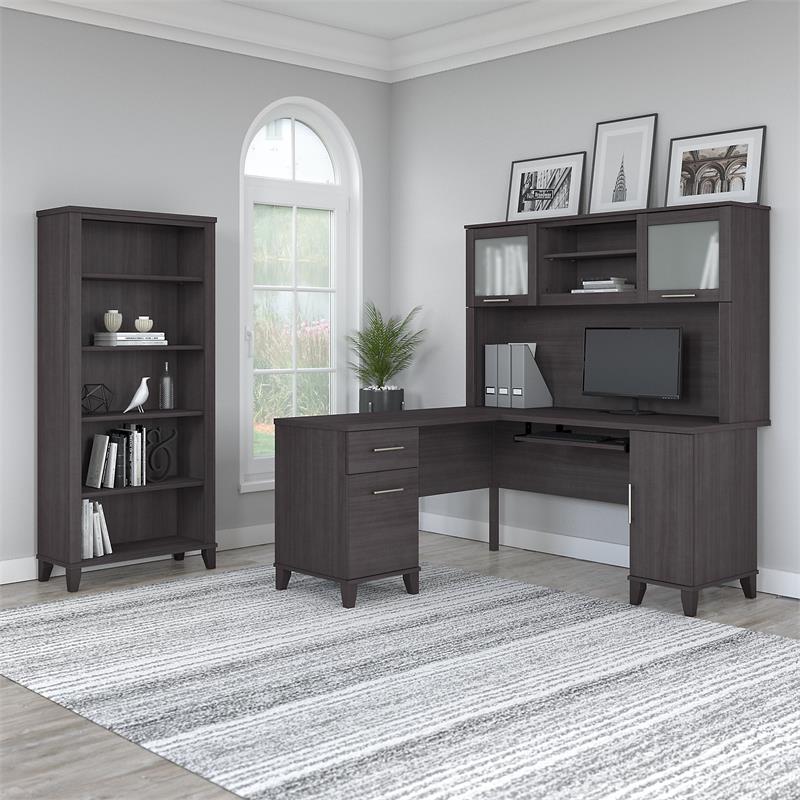 Pemberly Row 60W L Desk with Hutch and Bookcase in Storm Gray - Engineered Wood