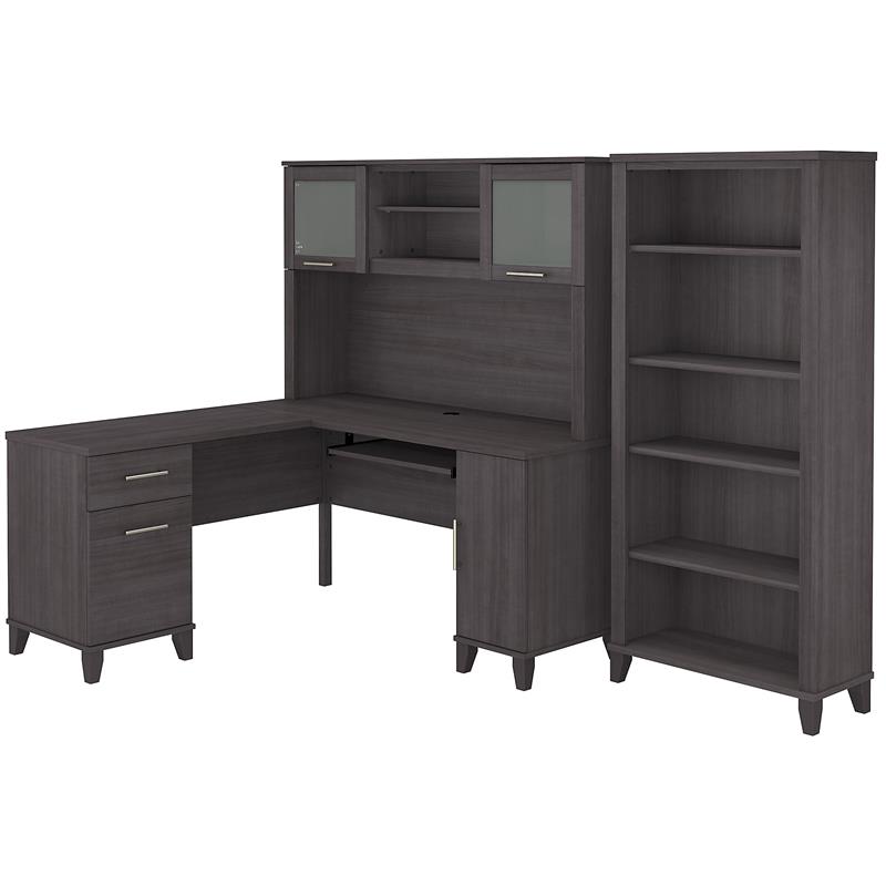 Pemberly Row 60W L Desk with Hutch and Bookcase in Storm Gray - Engineered Wood