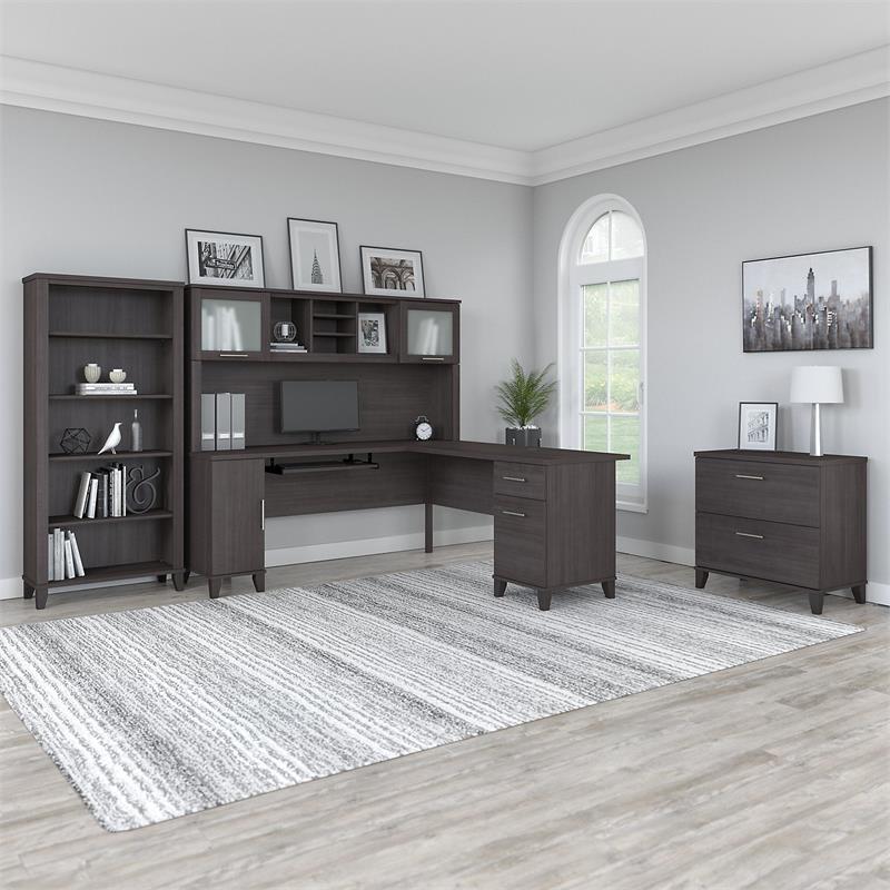 Pemberly Row 72W L Shaped Desk Set with Storage in Storm Gray - Engineered Wood