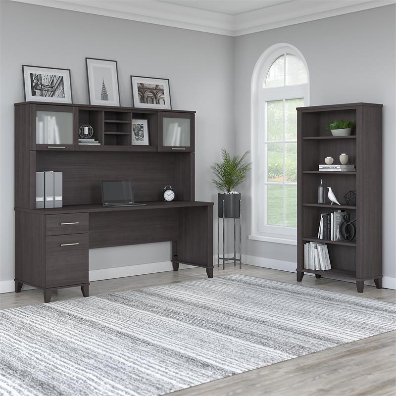 Pemberly Row 72W Desk with Hutch and Bookcase in Storm Gray - Engineered Wood