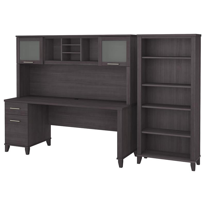 Pemberly Row 72W Desk with Hutch and Bookcase in Storm Gray - Engineered Wood