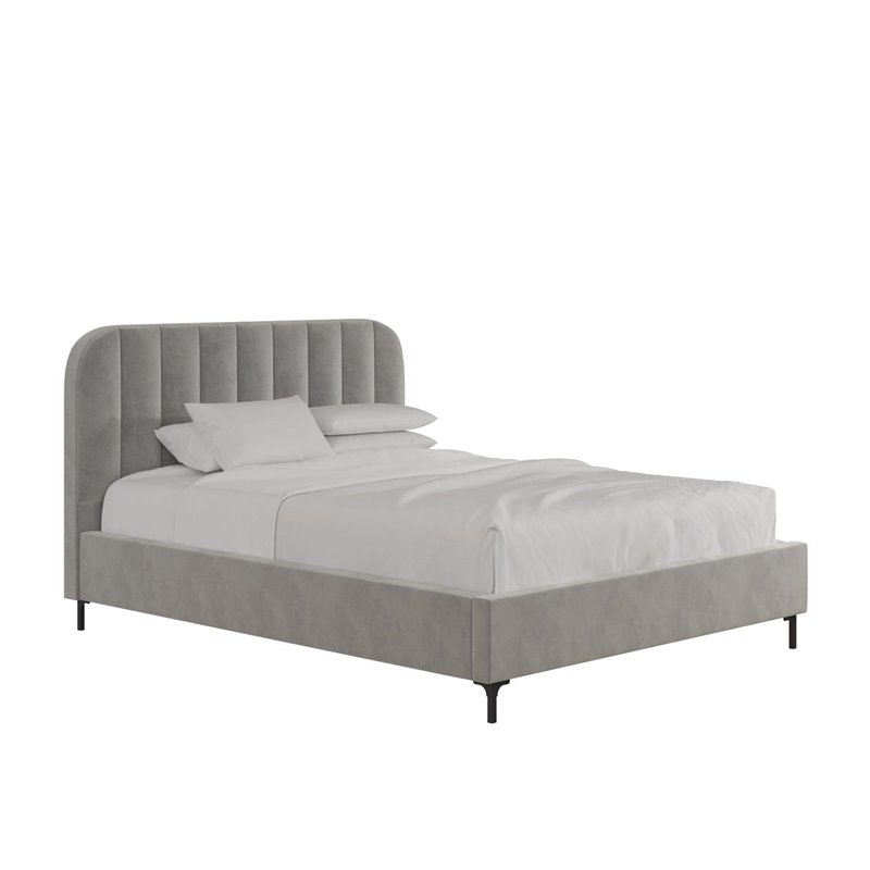 Pemberly Row Contemporary Upholstered Queen Bed in Gray Velvet