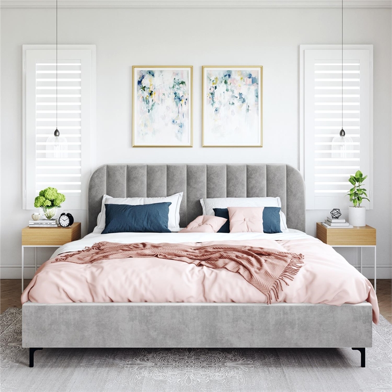 Pemberly Row Contemporary Upholstered King Bed in Gray Velvet