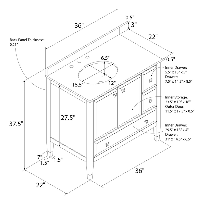 Pemberly Row Modern 36 Inch Bathroom Vanity with Sink in White