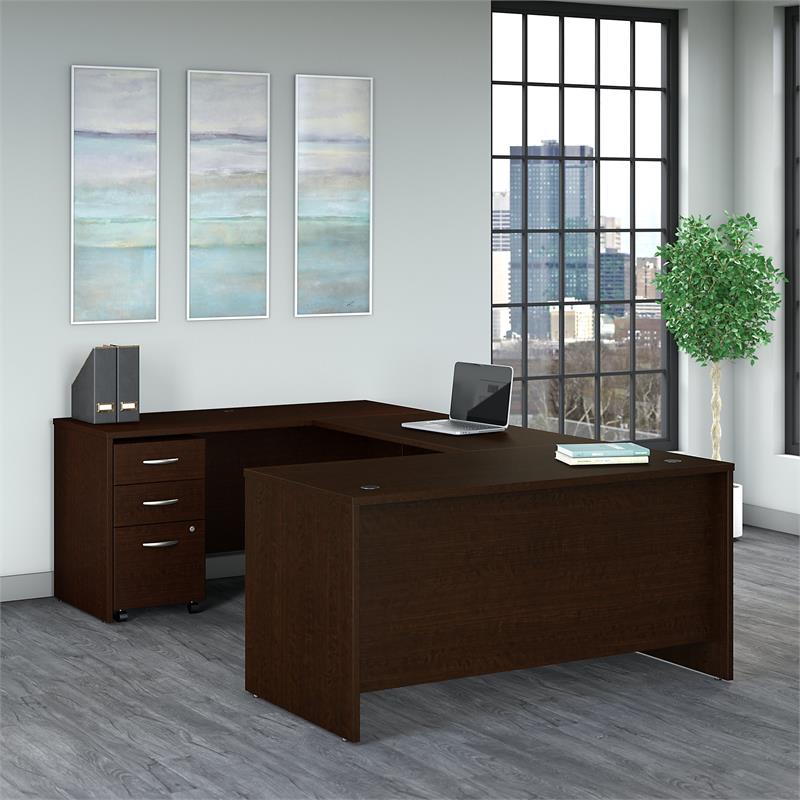 Pemberly Row 60W U Shaped Desk with Drawers in Mocha Cherry - Engineered Wood