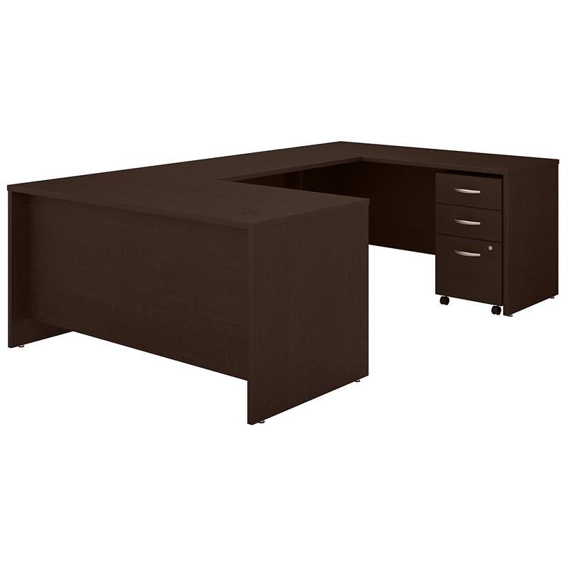 Pemberly Row 60W U Shaped Desk with Drawers in Mocha Cherry - Engineered Wood