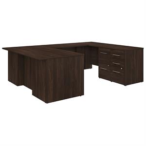 Pemberly Row 72W U Shaped Desk with Drawers in Black Walnut - Engineered Wood
