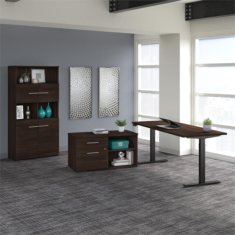 Pemberly Row 72W Height Adjustable Desk Set in Black Walnut - Engineered Wood