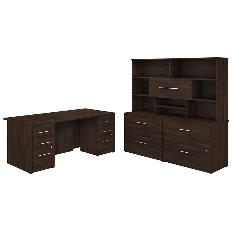 Pemberly Row Engineered Wood 72W Executive Desk with Storage Set - Black Walnut