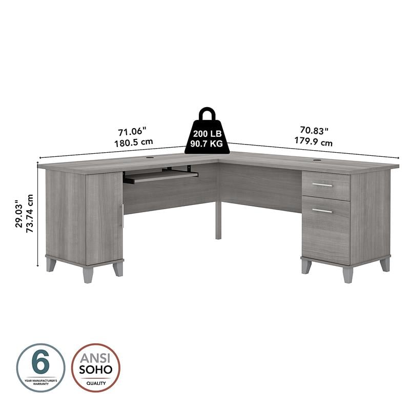 Pemberly Row 72W L Shaped Desk with Storage in Platinum Gray - Engineered Wood