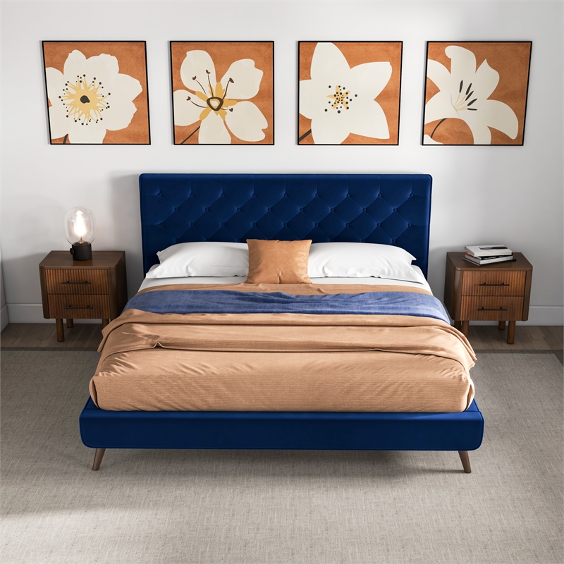 Pemberly Row Mid Century Modern Blue Velvet Upholstered King Platform Bed