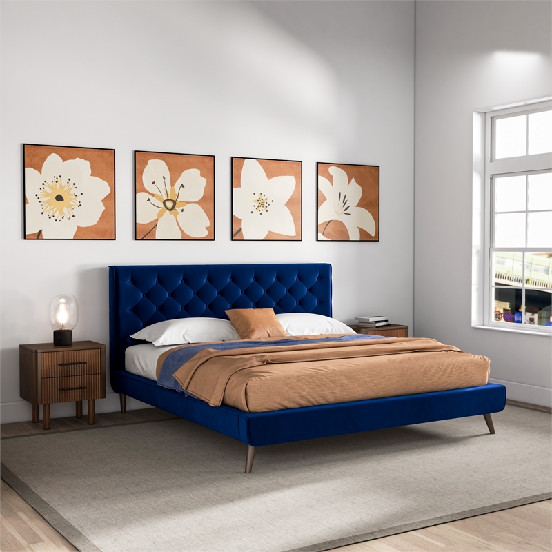 Pemberly Row Mid Century Modern Blue Velvet Upholstered King Platform Bed