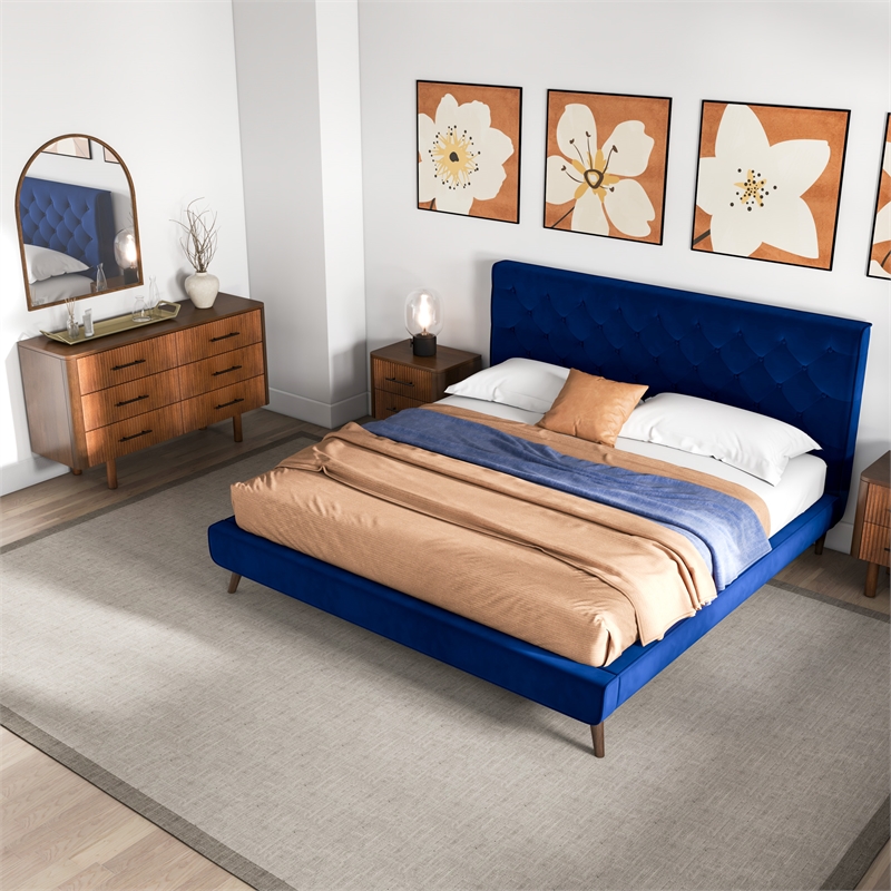 Pemberly Row Mid Century Modern Blue Velvet Upholstered King Platform Bed