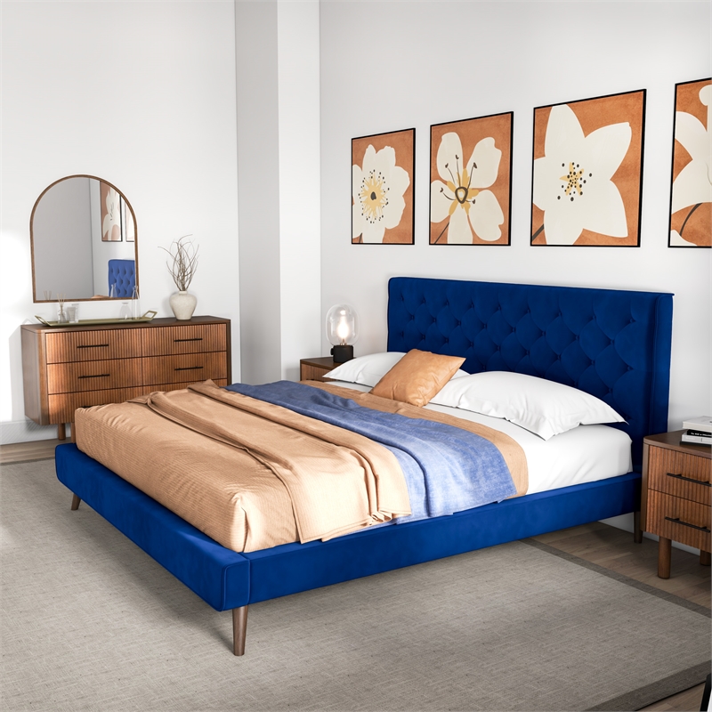 Pemberly Row Mid Century Modern Blue Velvet Upholstered King Platform Bed